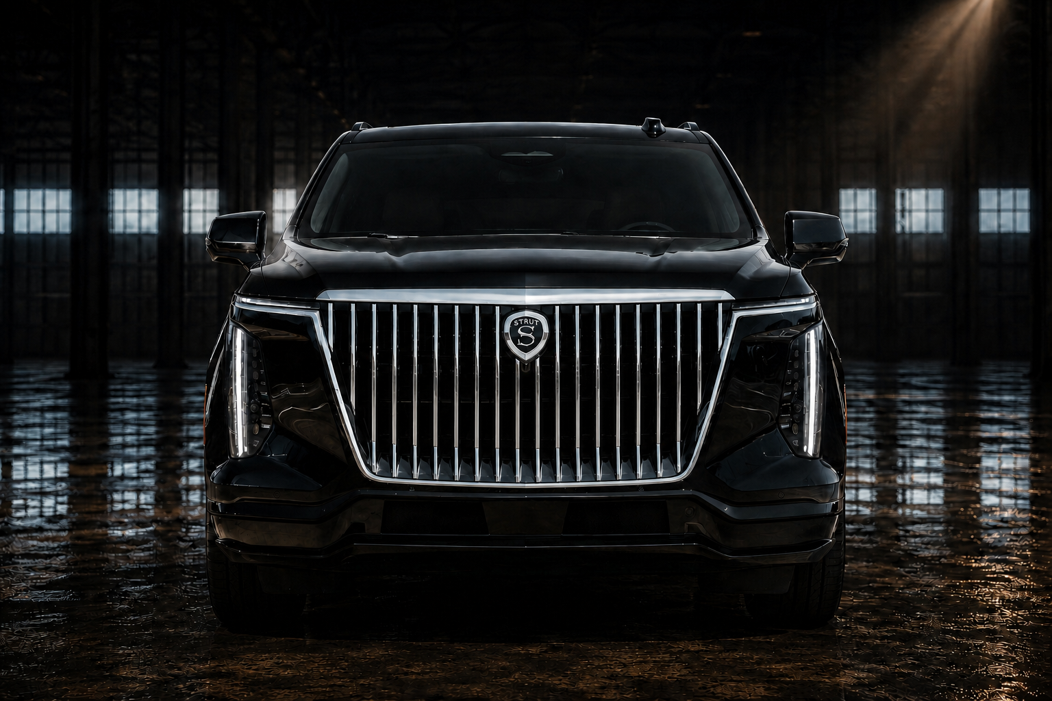 Strut 300 head-on view showing the massive vertical chrome grille