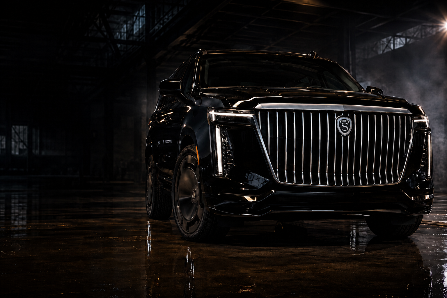 Strut 300 front three-quarter view in a darkened industrial hall